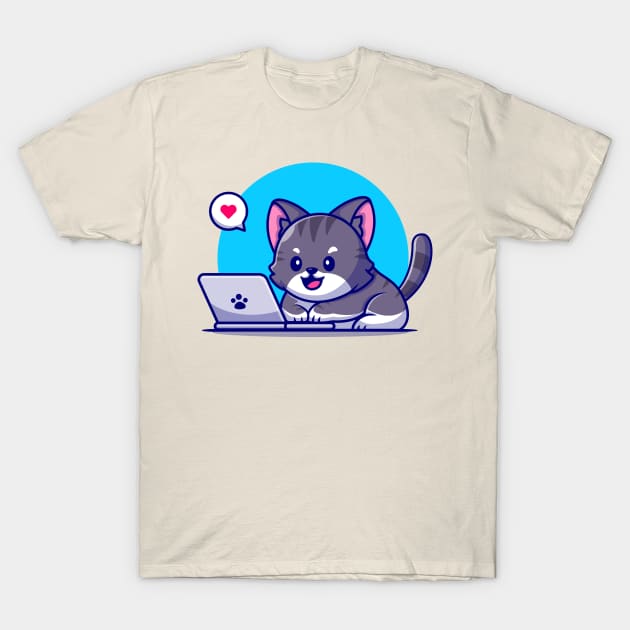 Cute Cat Working On Laptop Cartoon T-Shirt by Catalyst Labs